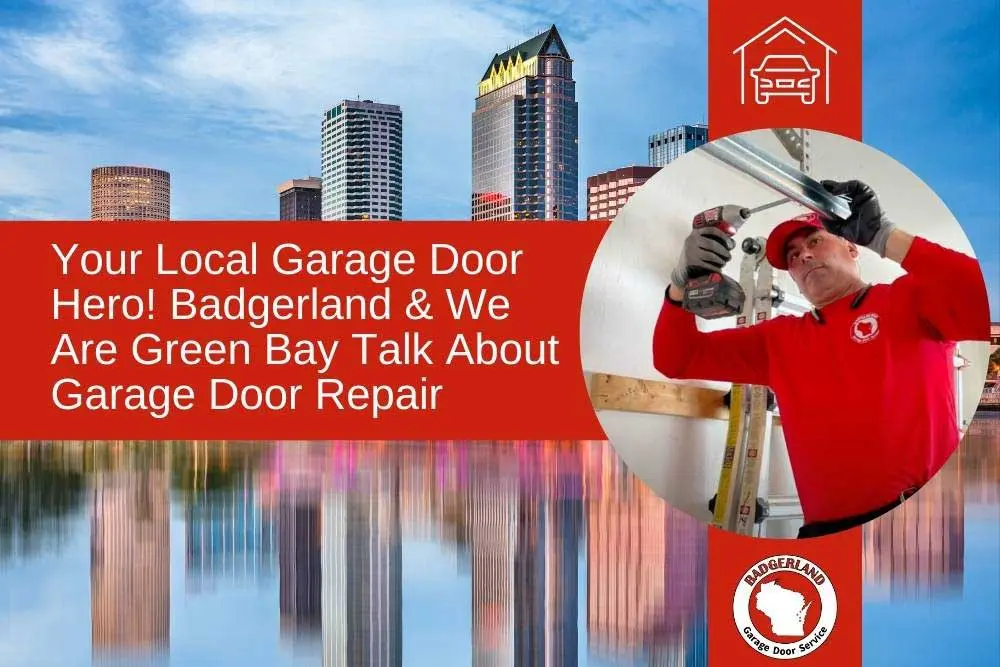 A technician in a red uniform repairs a garage door in Green Bay, with a city skyline in the background.| Badgerland Garage Door Service – Green Bay Garage Door Repair