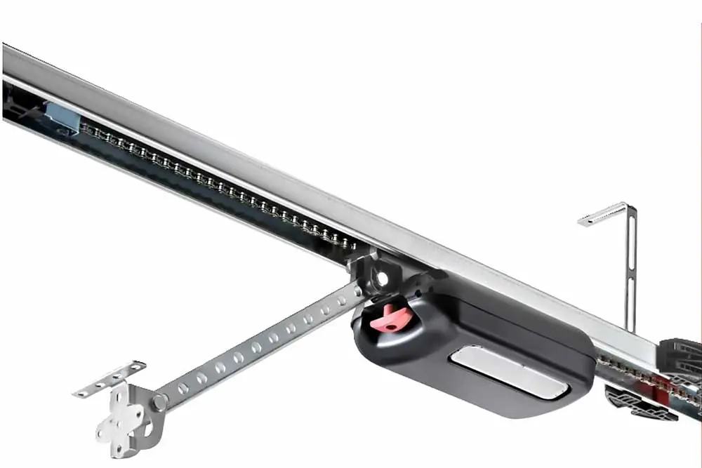 Garage door opener system with metal rail and motor, ideal for Green Bay garage door repair and maintenance services.| Badgerland Garage Door Service – Green Bay Garage Door Repair