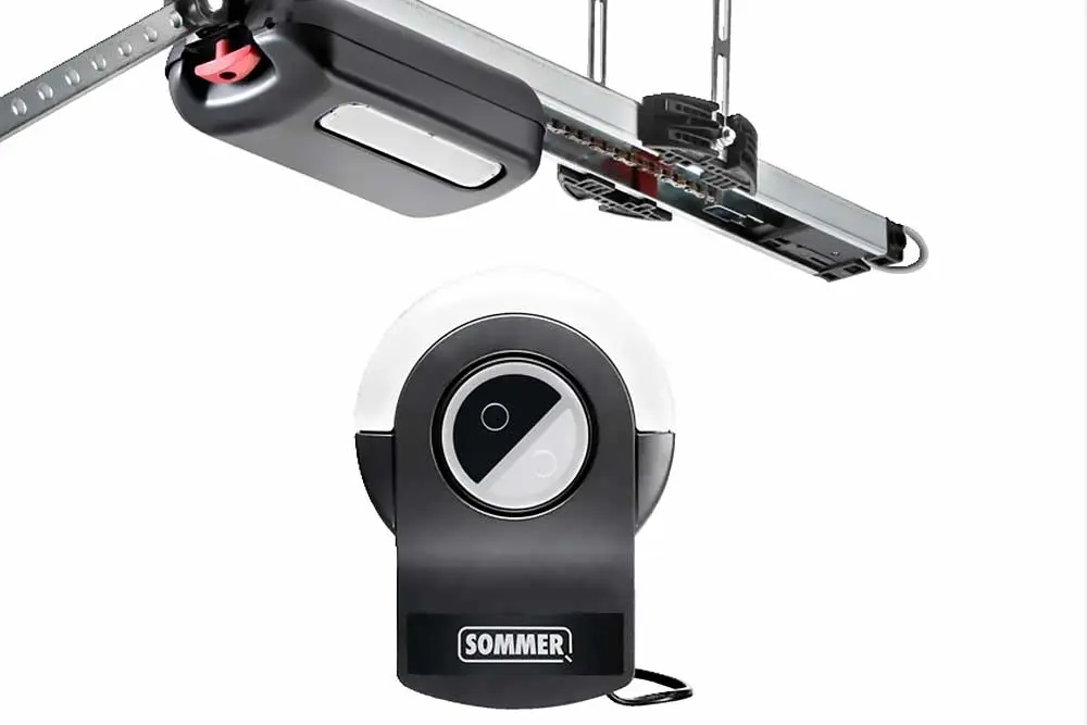A black and white garage door opener system, ideal for Green Bay garage door repair, is shown against a plain background.| Badgerland Garage Door Service – Green Bay Garage Door Repair