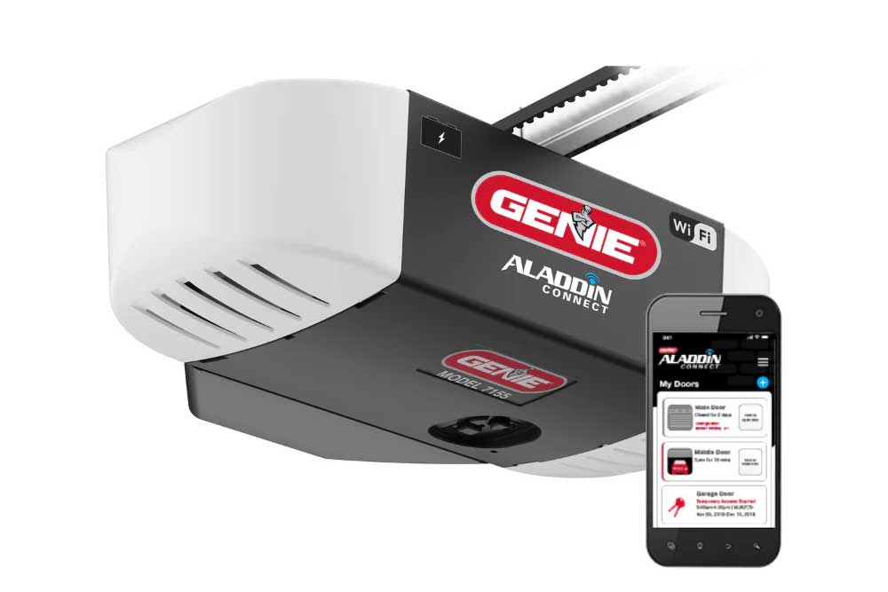 Genie Aladdin Connect Wi-Fi smart garage door opener with a smartphone displaying the remote control app interface.
