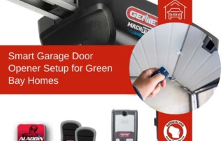 Smart Genie garage door opener setup advertisement for Green Bay homes by Badgerland Garage Door Service, showing devices.