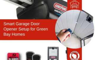 Smart Genie garage door opener setup advertisement for Green Bay homes by Badgerland Garage Door Service, showing devices.