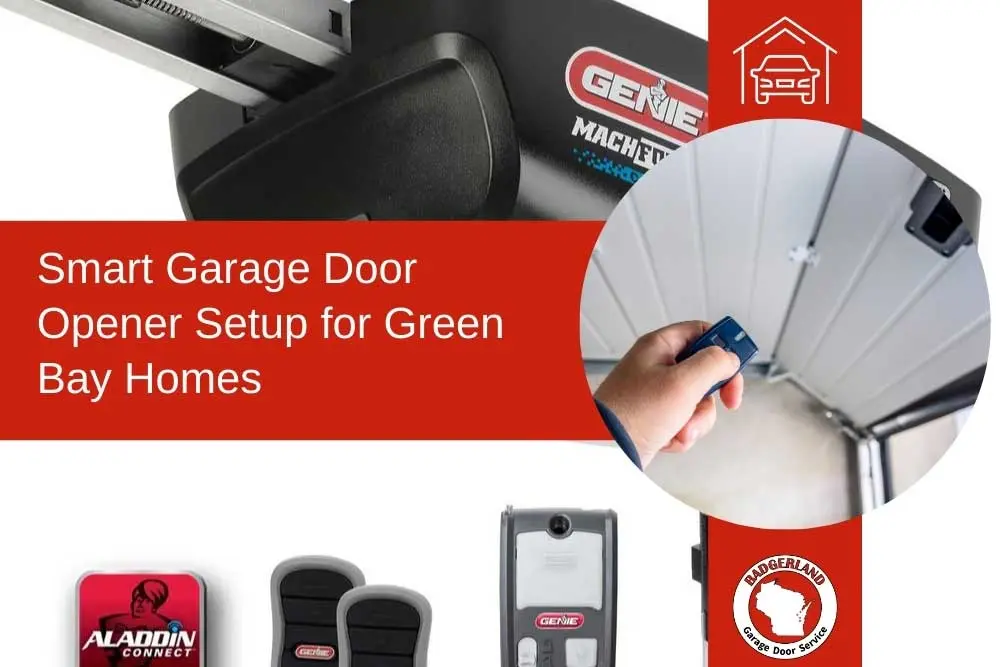 Smart Genie garage door opener setup advertisement for Green Bay homes by Badgerland Garage Door Service, showing devices.