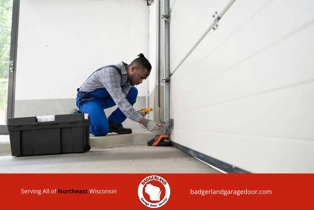 Professional garage door technician adjusting spring and track system for proper insulation and seal in Wisconsin.