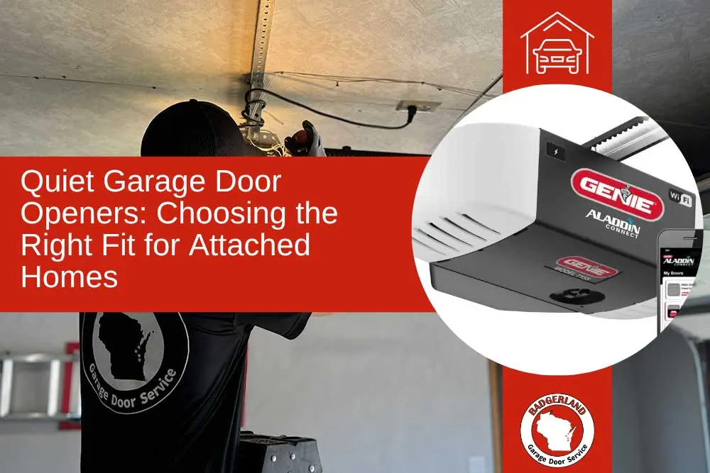Technician installing a quiet Genie Aladdin garage door opener in a Green Bay attached home.