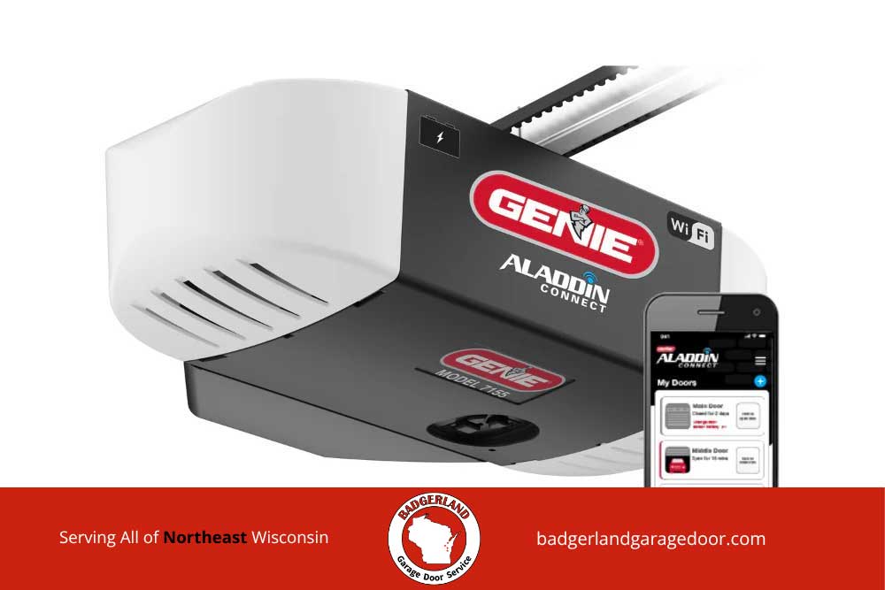 Genie Aladdin Connect smart WiFi garage door opener for quiet operation in attached homes.