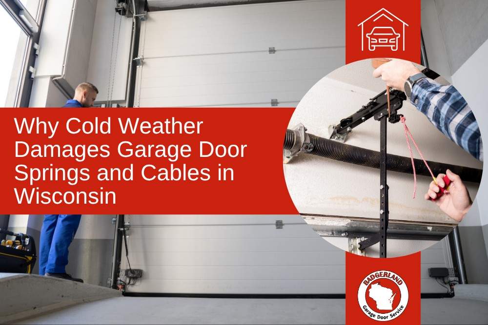 Technician fixing a garage door spring in winter as Badgerland Garage Door provides service for cold weather damage in Wisconsin.