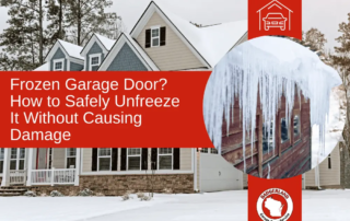 Frozen garage door with ice buildup showing winter risks and safe thawing needs. Badgerland Garage Door Service.