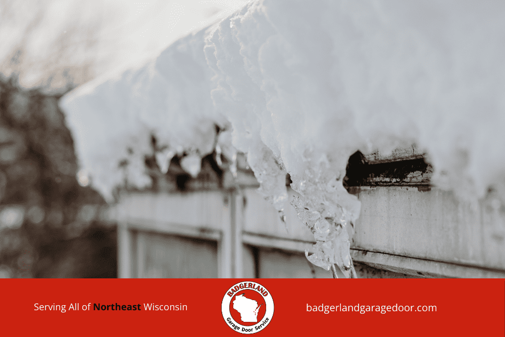 Snow-covered garage door with icicles, exemplifying winter conditions for garage door repair in Green Bay and Appleton.| Badgerland Garage Door Service – Green Bay Garage Door Repair